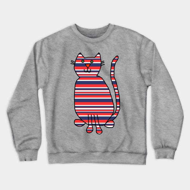 Cat Red and Blue Stripes Crewneck Sweatshirt by ellenhenryart